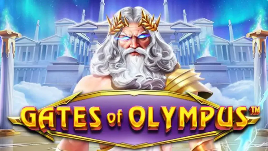 Gates of Olympus con Zeus davanti a un tempio antico sullo sfondo